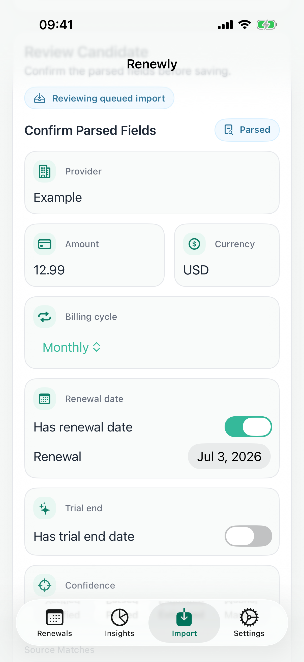 Renewly import review showing parsed receipt evidence