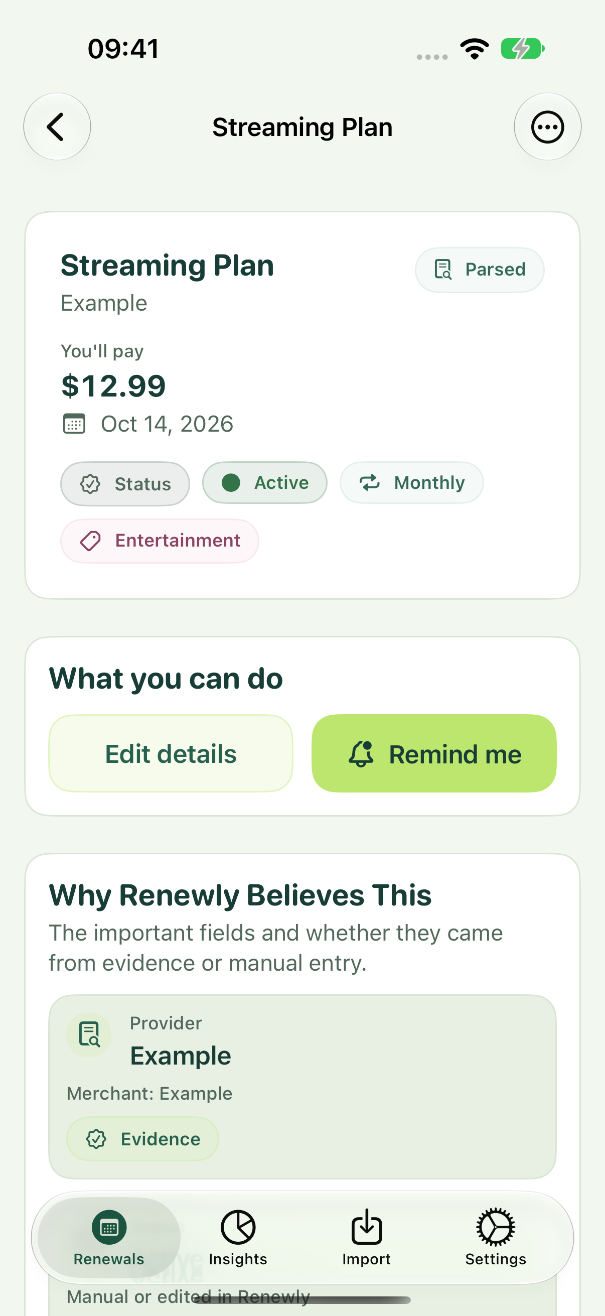 Subscription detail with renewal evidence and source excerpts.