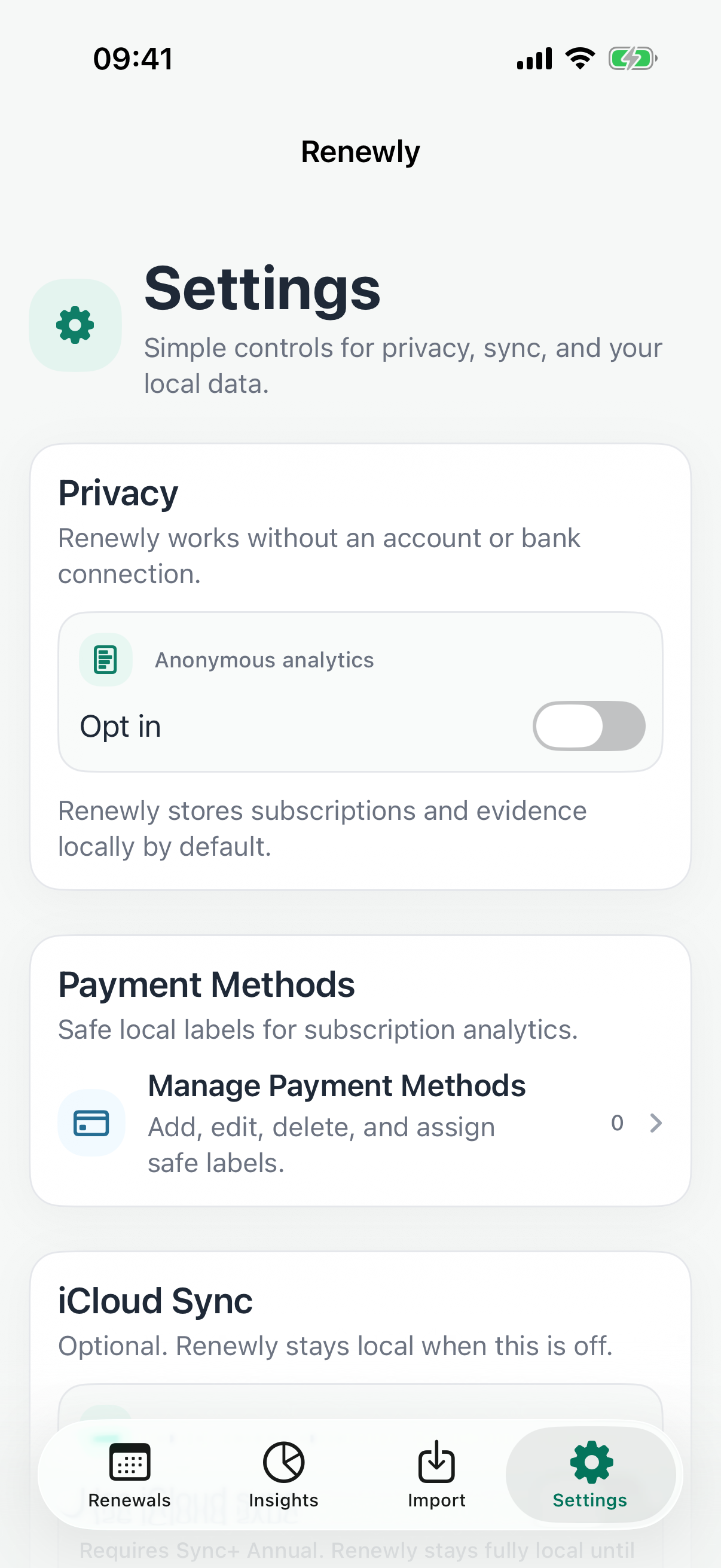 Renewly settings showing local-first privacy controls