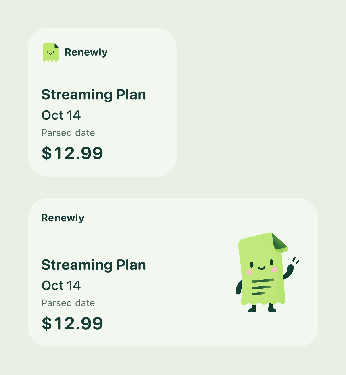 Renewly small and medium widget previews with Ree, a sample renewal and its date confidence.